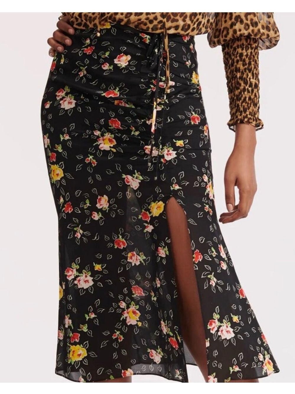 Veronica Beard Black Floral Midi Skirt with Front Slit